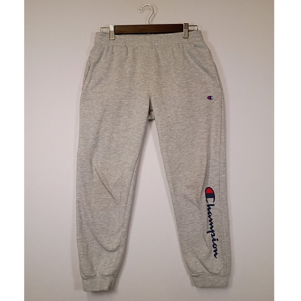 Athleisure Champion Mens Large Grey Fleece Script Logo Joggers Sweatpants